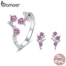 BAMOER 100% 925 Sterling Silver kwitnący Wintersweet kwiat śliwy pierścionki kolczyki kobiety zestawy biżuterii cyrkon luksusowa
