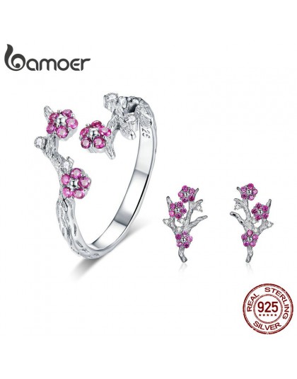 BAMOER 100% 925 Sterling Silver kwitnący Wintersweet kwiat śliwy pierścionki kolczyki kobiety zestawy biżuterii cyrkon luksusowa