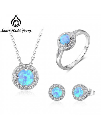 Elegancki 925 Sterling Silver Cubic cyrkon biżuteria dla nowożeńców ustawia okrągły biały różowy niebieski Opal naszyjnik kolczy
