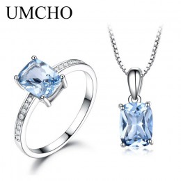 UMCHO majątek 925 Sterling Silver biżuteria stworzył niebo niebieski Topaz pierścionki naszyjnik elegancki prezenty ślubne dla k