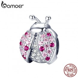 BAMOER New Arrival 925 Sterling Silver biedronka różowy sześciennych cyrkon owady Charms koraliki nadające się do bransoletki DI