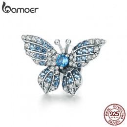 BAMOER 100% 925 Sterling Silver kryształ niebieski cyrkon motyl koraliki dopasowane bransoletki z charmsami kobiety naszyjniki b