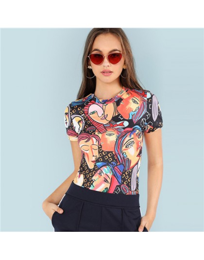 ROMWE rysunek druku Ringer Tee kobiet 2019 koszulka casual koszula odzież lato kobiet z krótkim rękawem, w którym znajduje się t