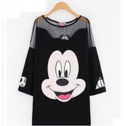 Kobiet czarny T koszula mesh patchwork długi t shirt mickey cartoon drukuj letnie koszulki z krótkim rękawem topy runway femme t