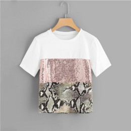 ROMWE kontrast cekiny Panel Tee 2019 eleganckie kobiety wokół szyi ubrania T Shirt Chic Streetwear lato z krótkim rękawem T Shir