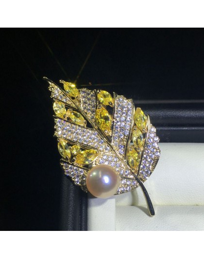 ZHBORUINI wysokiej jakości naturalna perła słodkowodna broszka chiński styl żółty cyrkon liść broszka Pearl biżuteria dla kobiet