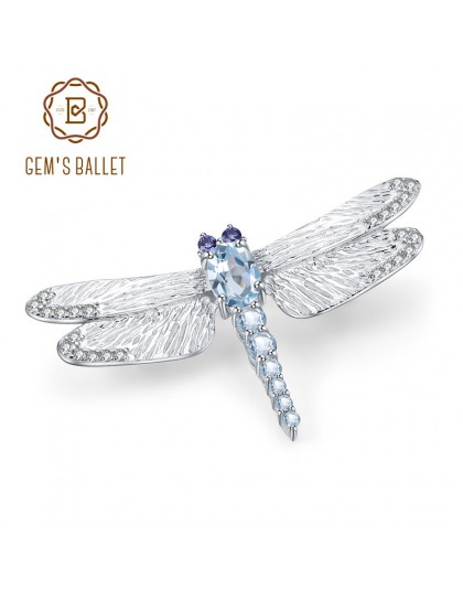 GEM'S balet 1.41Ct naturalne błękitny Topaz broszka 925 Sterling silver ręcznie projekt Dragonfly broszki dla kobiet w porządku 