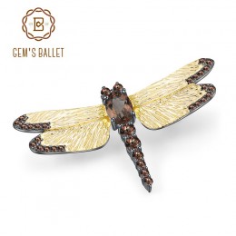 GEM'S balet 1.05Ct naturalne kwarc dymny Pin broszka Fine Jewelry 925 Sterling silver Handmade Dragonfly broszki dla kobiet