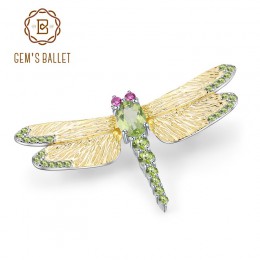 GEM'S balet 1.13Ct naturalny zielony Peridot kamień broszka 925 Sterling silver Handmade Dragonfly broszki dla kobiet sukienki