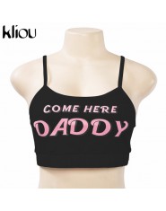 Modny krótki crop top damski na ramiączkach z napisem come here Daddy kłusa koszuleczka z gumką pod biustem w kolorze białym