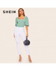 SHEIN turkusowy Puff rękawem solidna wyposażona w kwadratowy dekolt Tee T Shirt kobiety lato 2019 pół rękawa elegancka odzież ro