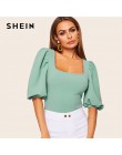 SHEIN turkusowy Puff rękawem solidna wyposażona w kwadratowy dekolt Tee T Shirt kobiety lato 2019 pół rękawa elegancka odzież ro