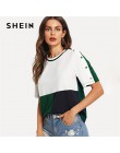 SHEIN Multicolor Colorblock zapinane na guziki z długim rękawem cięcia i szycia koszulka z krótkim rękawem wokół szyi 2019 lato 