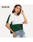 SHEIN Multicolor Colorblock zapinane na guziki z długim rękawem cięcia i szycia koszulka z krótkim rękawem wokół szyi 2019 lato 