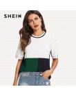 SHEIN Multicolor Colorblock zapinane na guziki z długim rękawem cięcia i szycia koszulka z krótkim rękawem wokół szyi 2019 lato 