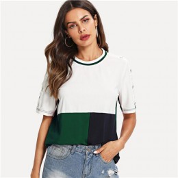 SHEIN Multicolor Colorblock zapinane na guziki z długim rękawem cięcia i szycia koszulka z krótkim rękawem wokół szyi 2019 lato 