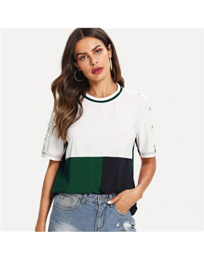 SHEIN Multicolor Colorblock zapinane na guziki z długim rękawem cięcia i szycia koszulka z krótkim rękawem wokół szyi 2019 lato 