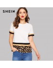 SHEIN wielokolorowe blok kolorów Leopard Print Tee kobiety Slim dopasowany t-shirt lato rozciągliwy okrągły dekolt wiosna Tee to