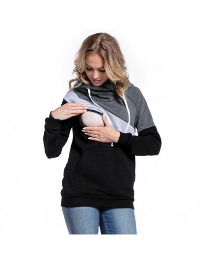 Plus rozmiar ciąża długie rękawy odzież ciążowa z kapturem karmienie piersią bluzki patchworkowy T-shirt dla kobiet w ciąży