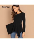 SHEIN czarny asymetryczny Hem Peplum Tee elegancki zwykły z długim rękawem wokół szyi topy kobiety jesień minimalistyczna odzież