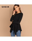 SHEIN czarny asymetryczny Hem Peplum Tee elegancki zwykły z długim rękawem wokół szyi topy kobiety jesień minimalistyczna odzież