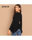 SHEIN czarny asymetryczny Hem Peplum Tee elegancki zwykły z długim rękawem wokół szyi topy kobiety jesień minimalistyczna odzież