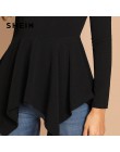 SHEIN czarny asymetryczny Hem Peplum Tee elegancki zwykły z długim rękawem wokół szyi topy kobiety jesień minimalistyczna odzież
