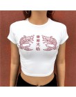Weekeep mody kobiety szczupła talia biały t-shirt lato bawełna chiński charakter drukuj Crop Top z dekoltem w kształcie litery "