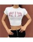 Weekeep mody kobiety szczupła talia biały t-shirt lato bawełna chiński charakter drukuj Crop Top z dekoltem w kształcie litery "