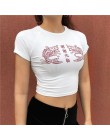 Weekeep mody kobiety szczupła talia biały t-shirt lato bawełna chiński charakter drukuj Crop Top z dekoltem w kształcie litery "