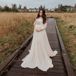 Modna długa sukienka damska ciążowa z szyfonu i zmysłowej koronki długi rękaw do sesji fotograficznej