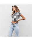 2018 nowy kobiety wiosna lato Slim T-shirt czarny biały wzór szachownicy pled Crop Tops koszulka bawełniana z krótkim rękawem T 