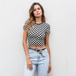 2018 nowy kobiety wiosna lato Slim T-shirt czarny biały wzór szachownicy pled Crop Tops koszulka bawełniana z krótkim rękawem T 