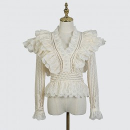 [MENKAY] wiosna jesień ZIM Hollow Out V Neck Ruffles łączone topy kobiety 2019 nowy