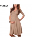 VONDA odzież ciążowa 2019 lato kobiety w ciąży sukienka na co dzień Sexy V Neck 3/4 rękaw stałe sukienki A-line Vestidos Plus ro