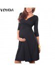 VONDA odzież ciążowa 2019 lato kobiety w ciąży sukienka na co dzień Sexy V Neck 3/4 rękaw stałe sukienki A-line Vestidos Plus ro