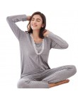 Modne bawełniane dwuczęściowe piżamki damskie ciążowe bluzka z długim rękawem idealna do karmienia regulowane spodnie w talii
