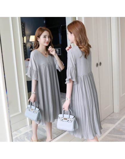 5305  3XL V Neck plisowane szyfonowa sukienka ciążowa 2019 lato koreański mody luźne odzież dla ciężarnych kobiet odzież ciążow