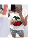 Lato Sexy Off ramię koszulka top kobiety T koszula cekiny Cherry aplikacja koszulki topy Plus rozmiar 5XL koszulkę Femme WS9079M