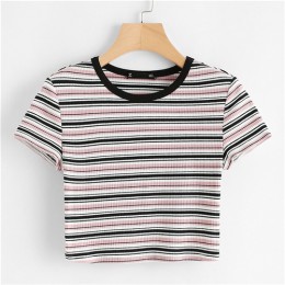 Krótki crop top z okrągłym dekoltem z krótkim rękawem w paski seksowna modna młodzieżowa dla dziewczyn dla kobiet