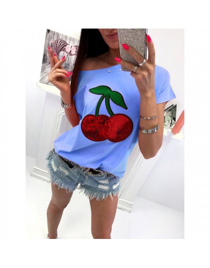 Lato Sexy Off ramię koszulka top kobiety T koszula cekiny Cherry aplikacja koszulki topy Plus rozmiar 5XL koszulkę Femme WS9079M