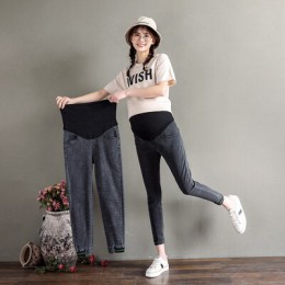 259  w stylu vintage myte Denim jeansy ciążowe elastyczny pas brzuch luźne spodnie odzież dla ciężarnych kobiet 9/10 długość Ha