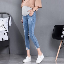 817 7/10 długość lato jesień moda jeansy ciążowe wysoka talia brzuch Skinny ołówek spodnie odzież dla ciężarnych kobiety ciąża