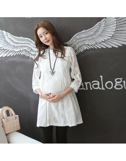 Eleganckie kobiety w ciąży topy koronki białe koszule moda solidna Hollow Out bluzki ciążowe Plus rozmiar M ~ XXL ciążowe ubrani