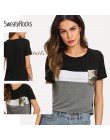 SweatyRocks Colorblock cekiny kieszeń Tee Streetwear koszula z krótkim rękawem kobiety pulowerowe topy 2019 lato na co dzień ela