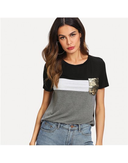 SweatyRocks Colorblock cekiny kieszeń Tee Streetwear koszula z krótkim rękawem kobiety pulowerowe topy 2019 lato na co dzień ela