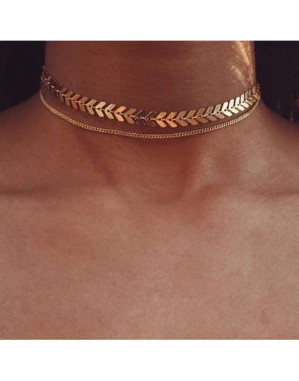 2019 złoty kolor metalu dwa warstwa Choker naszyjniki Fishbone łańcuch proste biżuteria collana Kolye Bijoux Collares Mujer coll