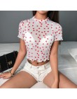 Darlingaga na co dzień różowe słodkie mesh koszulka top kobiety serce drukuj przezroczyste 2019 lato t koszula z krótkim rękawem
