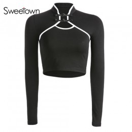 Sweetown kontrast koszulka w stylu Vintage 2018 jesień z długim rękawem na co dzień kobiet topy Camiseta Mujer chiński styl Crop