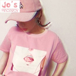 Koszulkę Femme 2017 wargi Sexy TShirt Kawaii Korea Ulzzang Harajuku drukowane kobiety różowy t-shirty na co dzień luźna koszulka